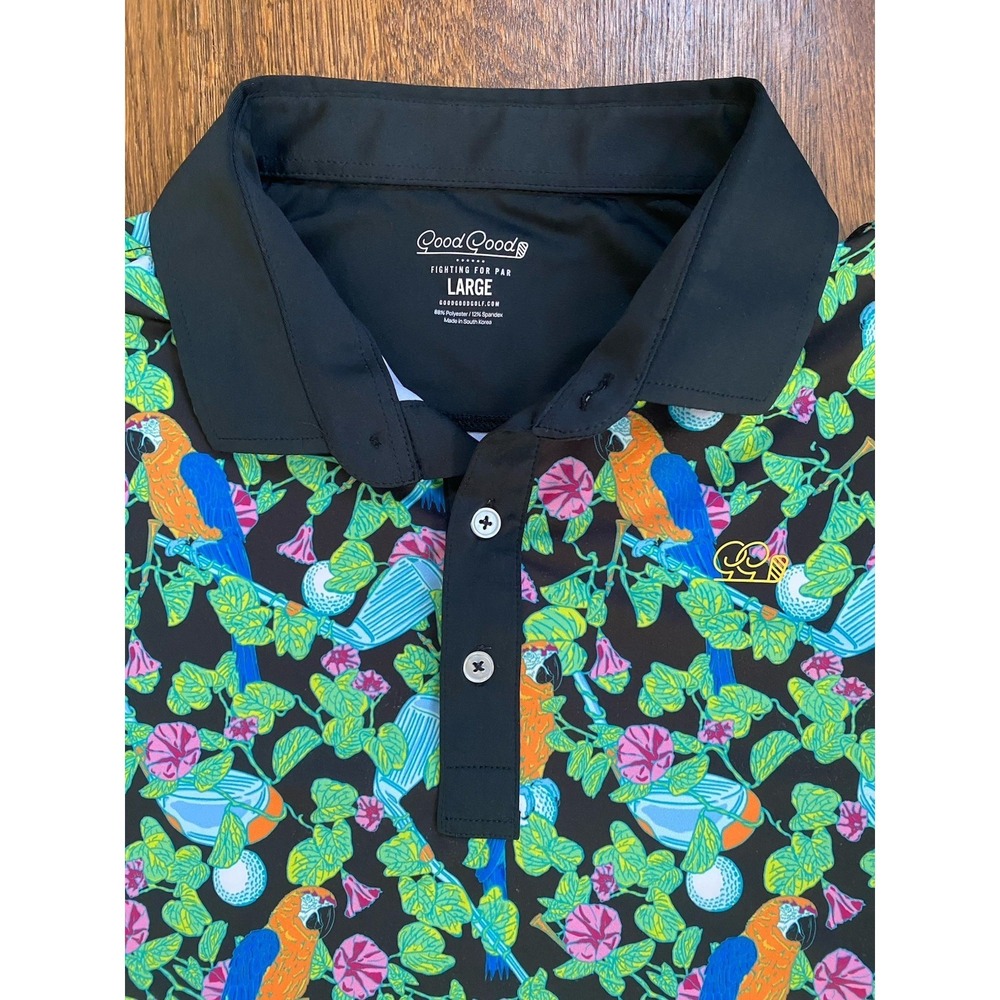 Good Good Golf Mens Short Sleeve Performance Polo Large Birds & Bogeys Tropical